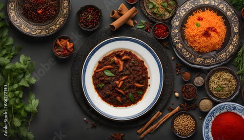 Oriental food background with empty uzbek plate and spices