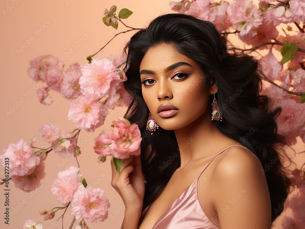 Enchanting Indian Model in Delicate Cherry Blossom Inspired Beauty Products
