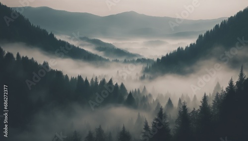 Beautiful View of Misty Mountain Forest Landscape Wallpaper Background © Nouzen