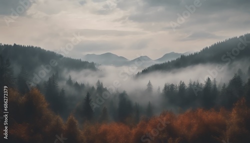 Beautiful View of Misty Mountain Forest Landscape Wallpaper Background