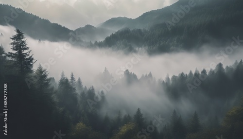 Beautiful View of Misty Mountain Forest Landscape Wallpaper Background