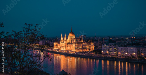 Budapest, Hungary. Night view on Parliament building over delta of Danube river. © Saxanad