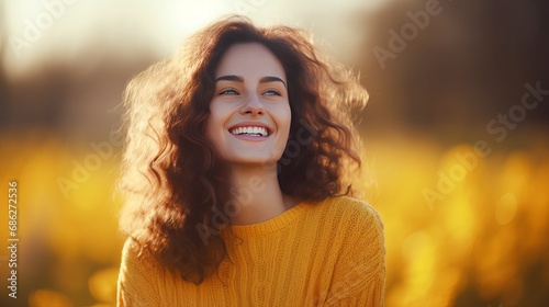 A woman in a yellow sweater is dreaming of a beautiful, perfect date on a fine spring day. Her eyes are thoughtful and smiles carelessly as she reflects on the concept of happiness. photo