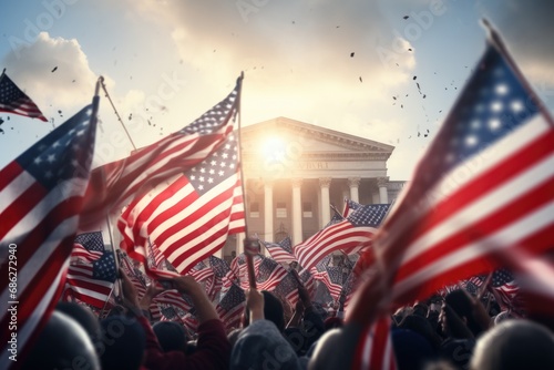A large group of individuals proudly holding American flags in front of a building. This image can be used to represent patriotism, national pride, or celebrations of American holidays and events. photo