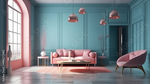 Fototapeta Naklejka Na Ścianę i Meble -  3d rendering mock up wood decor in living room with sofa classic style. Generative Ai