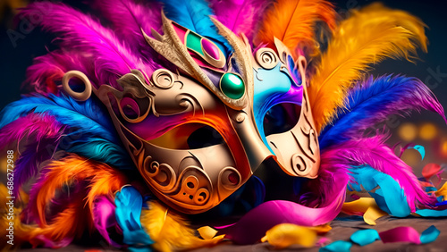 Carnival mask with feathers on a dark background, close-up © Paulo Issler