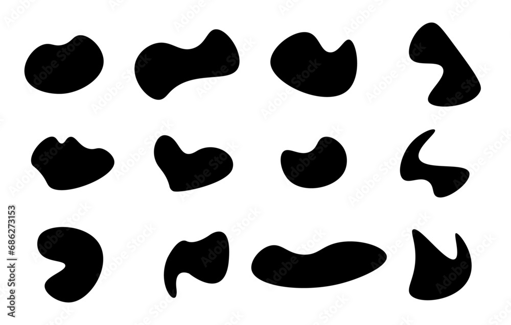 Blob shape organic set. Random black cube drops simple shapes. Pebble, inkblot, drops and stone silhouettes. Blob shape organic set. Random black cube drops simple shapes. Pebble, inkblot, drops and stone silhouettes.