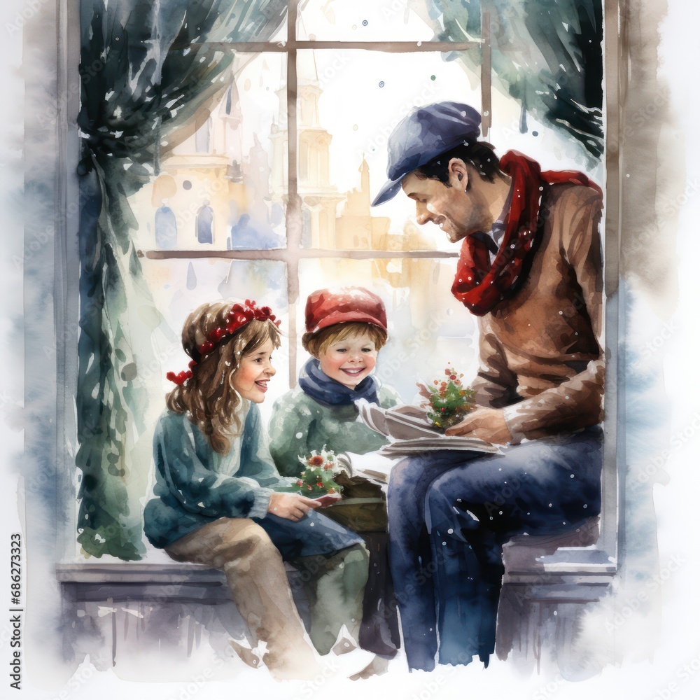 Christmas Window Watercolor Clipart Family Gathering, Stories & Laughter