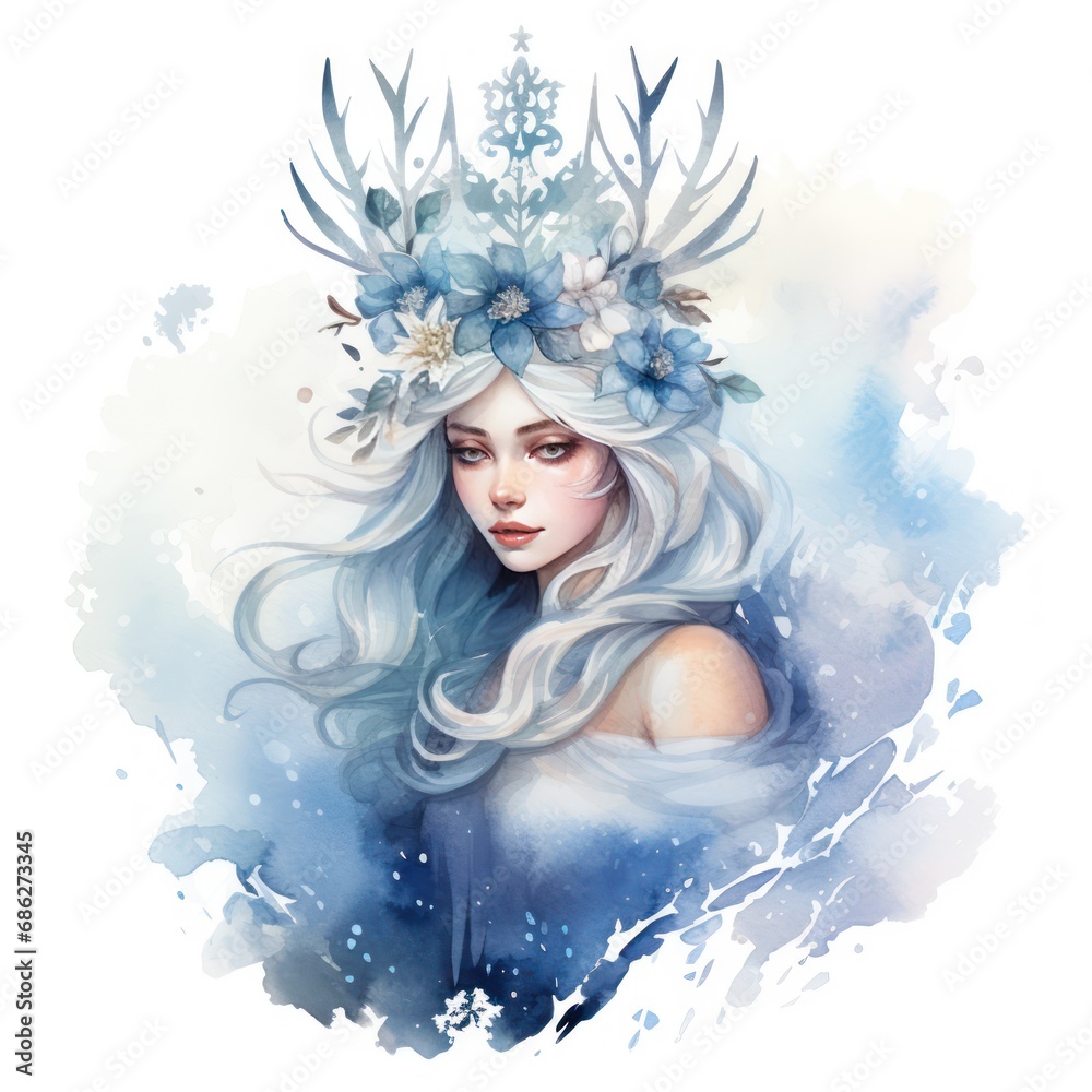 Snow Queen Watercolor Clipart Full Body with Majestic Crown