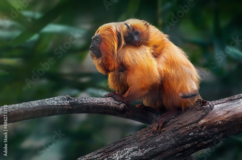 Photography Mother carrying Baby Golden Lion Tamarin on the back (Leontopithecus rosalia)
