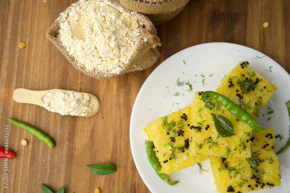 Chana Dal Gram Flour Dhokla served with mint chutney, Chana Dal Gram Flour Dhokla served with mint chutney,