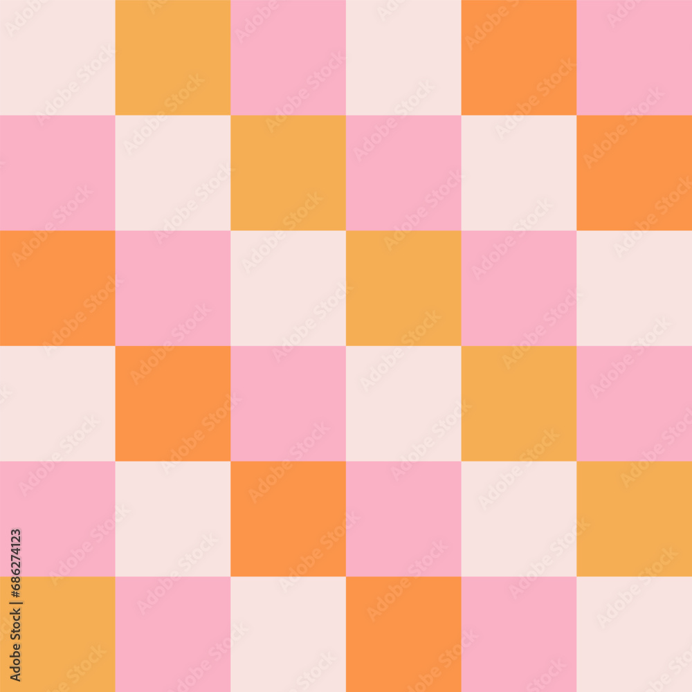 Checkerboard retro groovy background. Geometric pastel square texture in vintage y2k style. Hippie 70s pattern. Plaid pattern background. Pink and yellow colors.