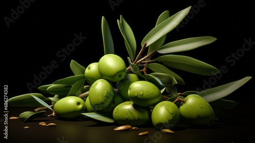 green olives on branch with black background