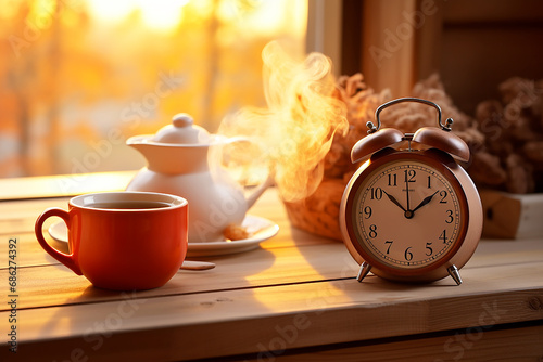 Alarm clock and cup of coffee on table, good morning concept and coffee time photo