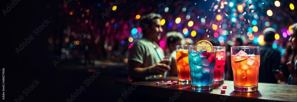 Drinks in the club with people and colorful bokeh ligths, party, event, new year celebartion with cocktails, panoramic banner background for restaurant, bar, hotel. Generative AI.