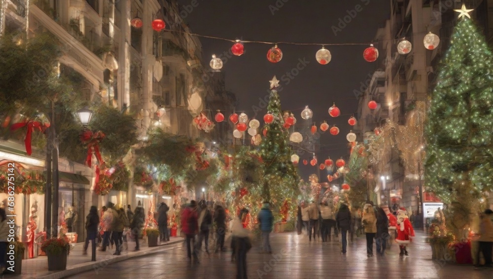 view of the town decorated for Christmas