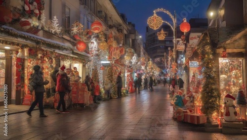 view of the town decorated for Christmas