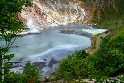 Oyunuma at Jigokudani, or named Hell Valley as the characteristic of hot steam vents, sulfurous streams and other volcanic activity, Noboribetsu, Hokkaido, Japan