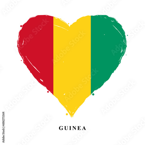 Vector Guinea flag in heart shape with grunge texture. Heart shaped Guinea flag isolated on white background. Beautiful design country flag for banner, poster, sticker, print. Vector illustration