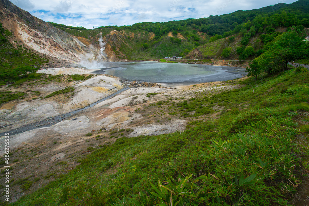 Oyunuma at Jigokudani, or named Hell Valley as the characteristic of hot steam vents, sulfurous streams and other volcanic activity, Noboribetsu, Hokkaido, Japan Oyunuma at Jigokudani, or named Hell Valley as the characteristic of hot steam vents, sulfurous streams and other volcanic activity, Noboribetsu, Hokkaido, Japan