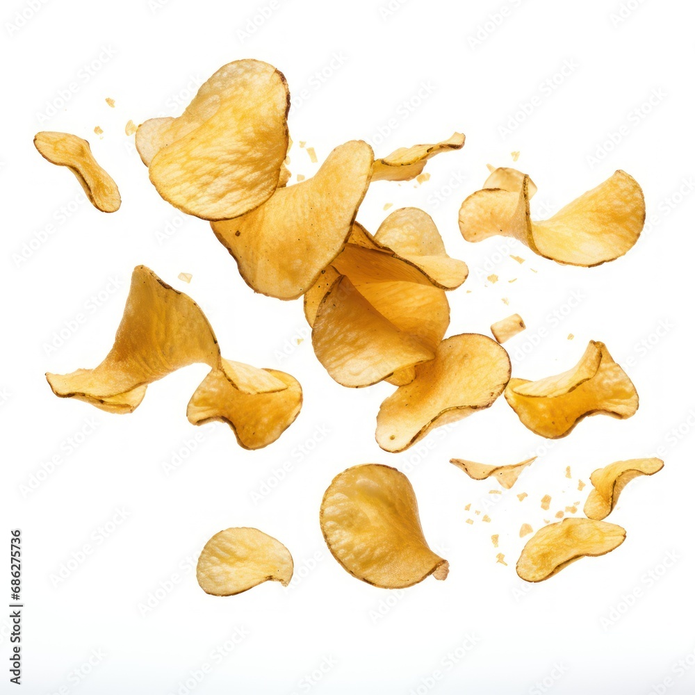 Falling Potato Chips Isolated on White Background Popular Snack Falling Potato Chips Isolated on White Background Popular Snack