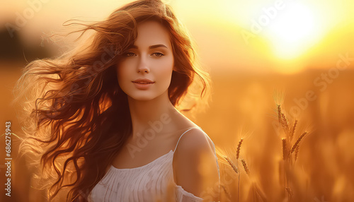 European woman with wind in her hair in field at sunset ,spring concept © terra.incognita