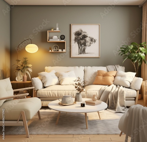 Layout of poster, poster in the room, modern living room with sofa