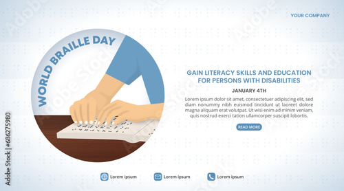 World Braille Day background with hands reading a braille book