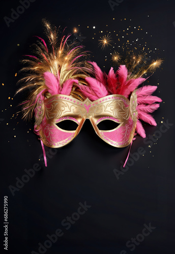 Party flyer with venetian mask with feathers for carnival, ball, theme party, masquerade, new year's eve, event. Black background. Generative AI.