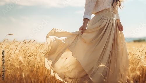 Long skirt close-up flowing in the wind in a field ,spring concept