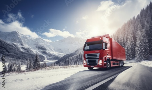 A Vibrant Red Semi Truck Navigating a Snow-Covered Road