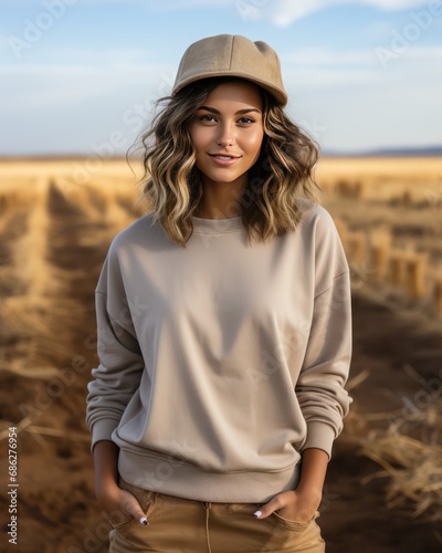 Female Model Wearing Tan Gildan 18000 Sweatshirt in Country Field Realistic Photo Mockup