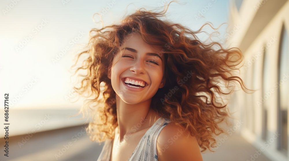 A happy lifestyle, a concept of wellbeing, a charming, carefree, smiling, attractive woman who laughs out loud, feels lucky, upbeat, has an awesome vacation day off, enjoys leisure, has fun.