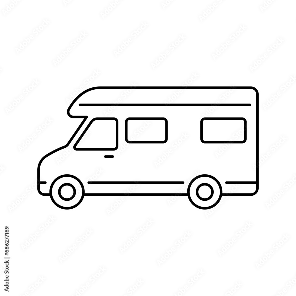 Motorhome icon. Camper. Black contour linear silhouette. Editable strokes. Side view. Vector simple flat graphic illustration. Isolated object on a white background. Isolate.