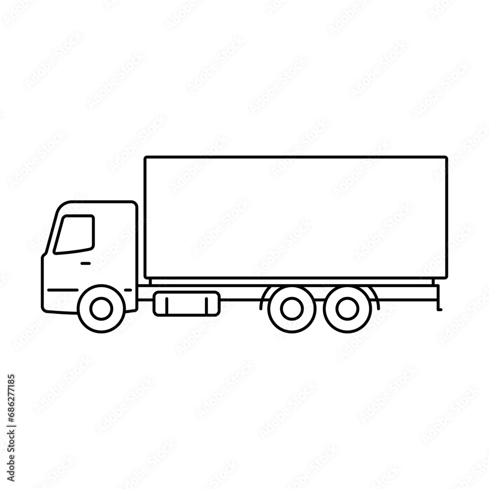 Truck icon. Black contour linear silhouette. Editable strokes. Side view. Vector simple flat graphic illustration. Isolated object on a white background. Isolate. Truck icon. Black contour linear silhouette. Editable strokes. Side view. Vector simple flat graphic illustration. Isolated object on a white background. Isolate.