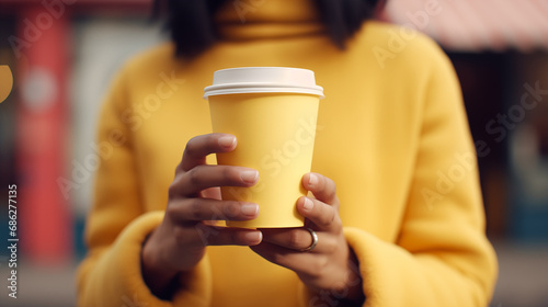 Yellow paper cup with coffee in woman hand. Time for drink coffee in city. Coffee to go. Enjoy moment, take a break. Disposable paper cup closeup. Delicious hot beverage. Mockup. Generated AI