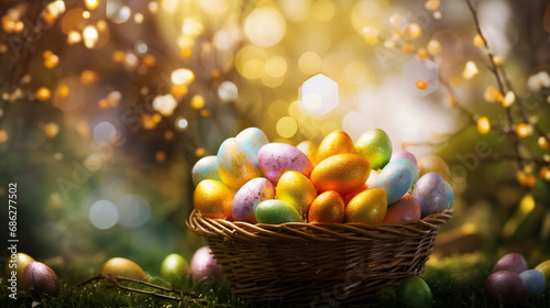 Easter background - basket filled with easter eggs beside green and golden bokeh