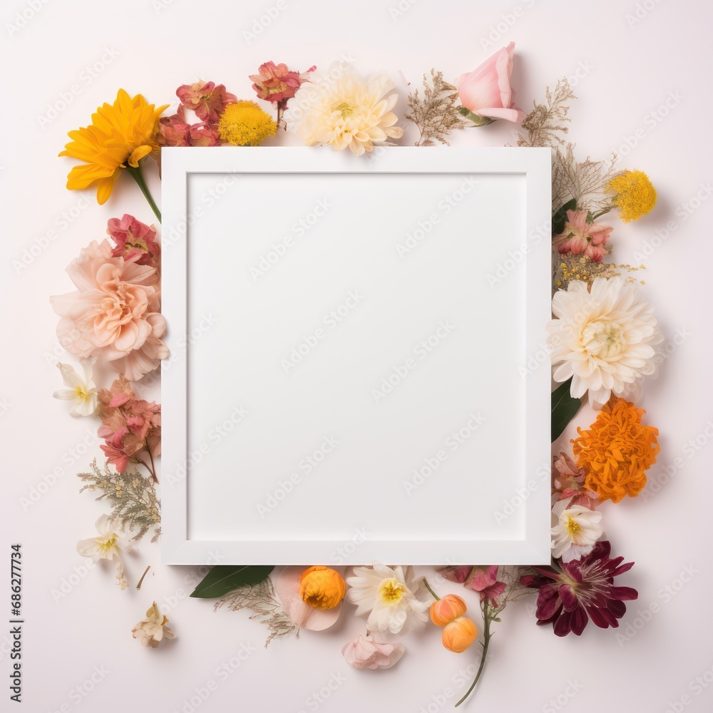Blank White Frame with Scrapbooking Supplies on White BackgroundFlowers Blank White Frame with Scrapbooking Supplies on White BackgroundFlowers