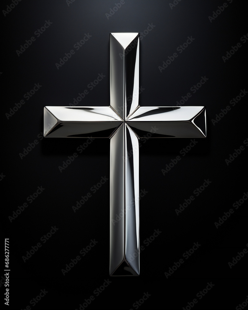 Christian symbol - silver cross isolated on black background studio light.