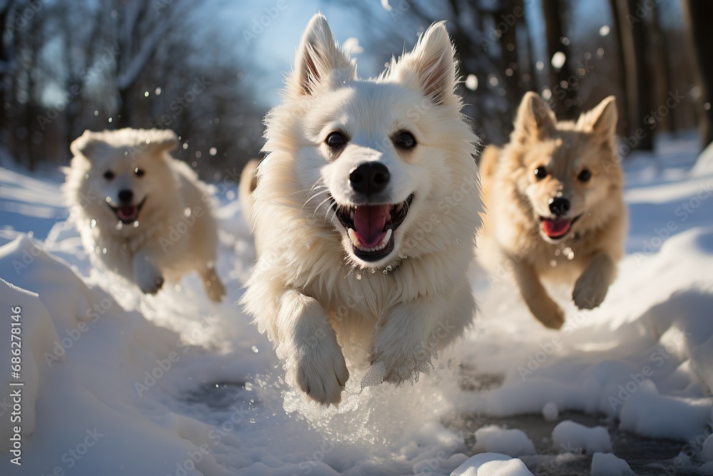 Three energetic dogs running joyfully in snow Three energetic dogs running joyfully in snow