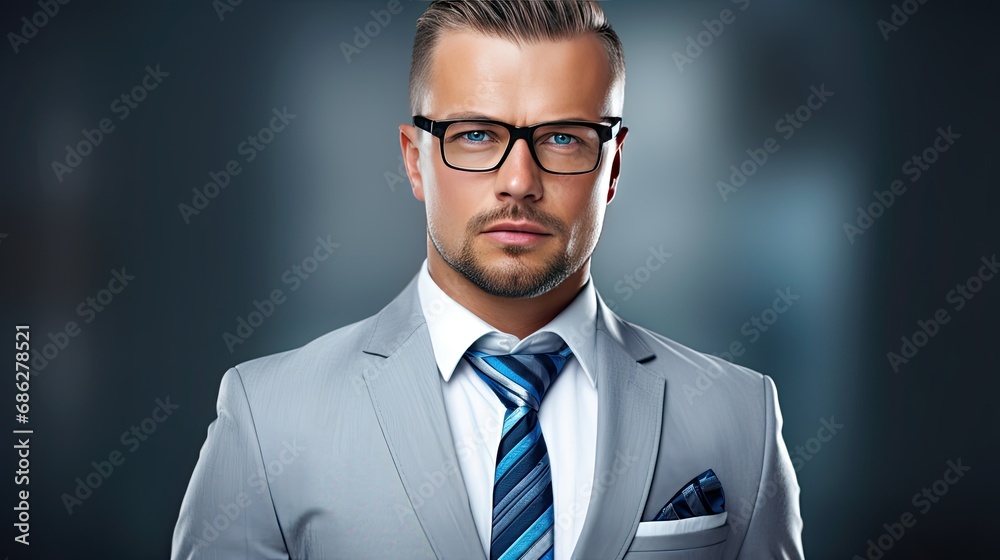 Close-up portrait of a serious male businessman in a suit and tie. Confident and elegant man. Illustration for banner, poster, cover, brochure, advertising, marketing or presentation. - obrazy, fototapety, plakaty 