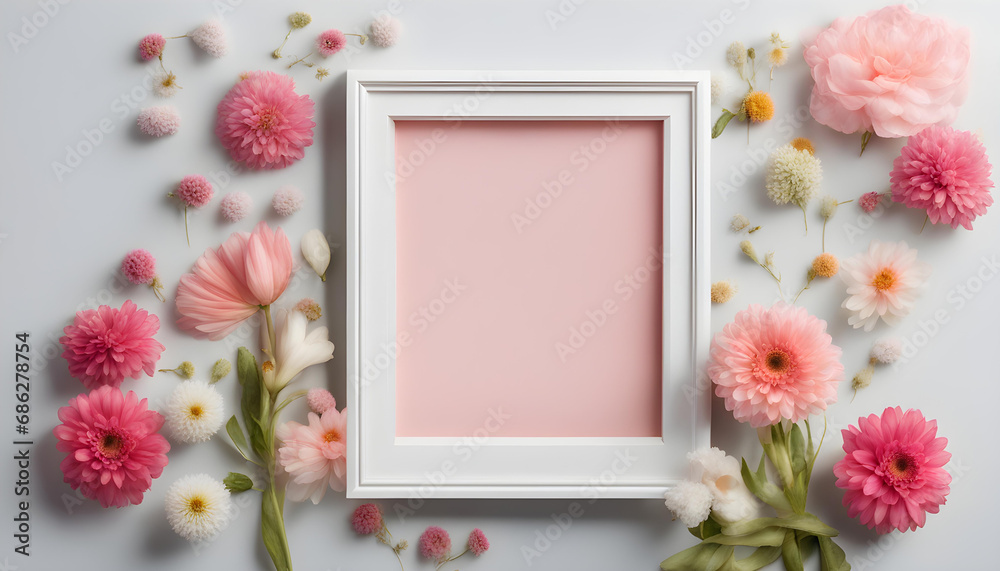 Creative layout made with flowers and white frame. Spring minimal concept. Nature background. Creative layout made with flowers and white frame. Spring minimal concept. Nature background.