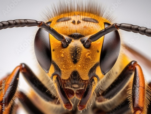 Close-up of a wasp's head with antennae antennae, large eyes and legs looking into the camera. Nature background. Illustration for cover, card, postcard, interior design, decor or print.