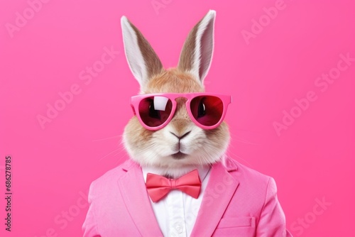 A rabbit wearing sunglasses and dressed in a pink suit. Suitable for fashion, humor, and animal-themed designs.