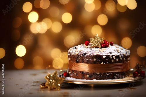 Christmas cake with bokeh background.