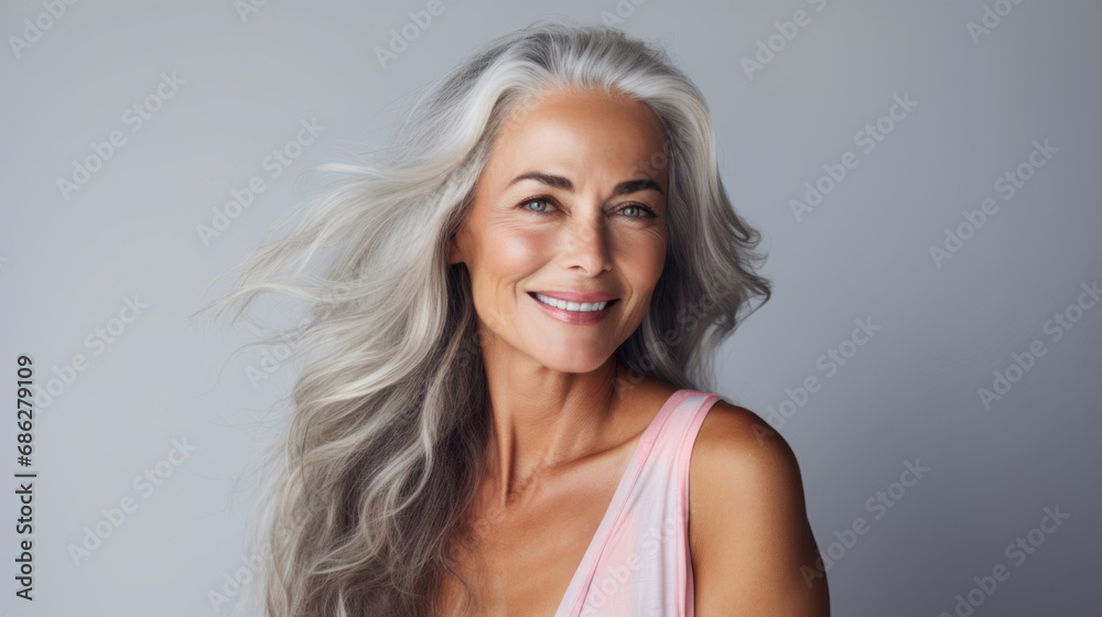 Beautiful aged mature woman with healthy face skin, grey hair and happy smile on gray background. Skin care, natural beauty, cosmetology concept. Beautiful aged mature woman with healthy face skin, grey hair and happy smile on gray background. Skin care, natural beauty, cosmetology concept.