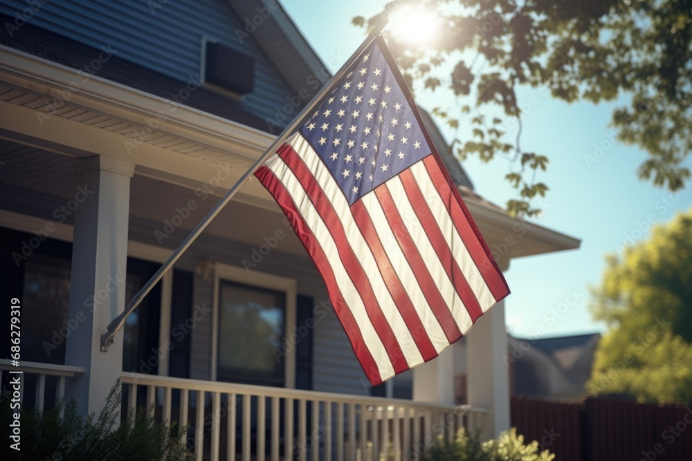 An American flag proudly flying in front of a house. This image can be used to depict patriotism, national pride, or as a symbol of American values. Suitable for various projects and designs.