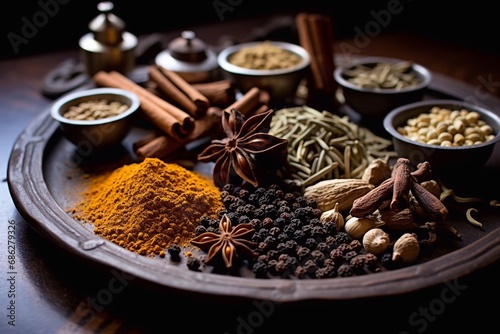 Spices for Masala tea traditional hot Indian sweet milk spiced drink Cinnamon sticks, cardamom pods, star anise, sugar, nutmeg, coriander and pepper seeds on a metal tray