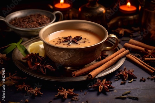 Masala tea traditional hot Indian sweet milk spiced drink in metal cup. Spices cinnamon sticks, cardamom pods, star anise, sugar, coriander and pepper seeds on a table.  photo