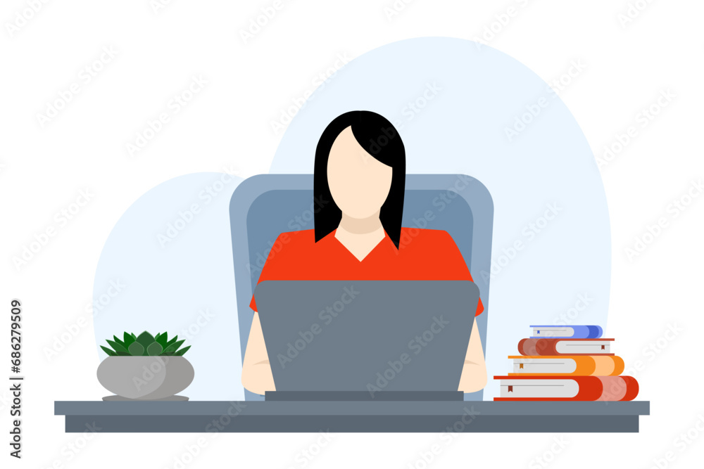 Working from home concept, character using a laptop This design can be used for education, freelance, worker characters working using laptops and computers at home. flat vector illustration.